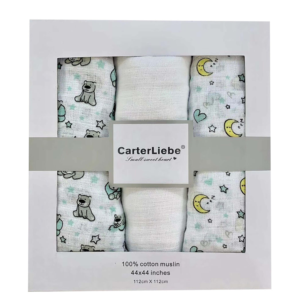 Carter Liebe 3pcs. Cotton Muslin Swaddle Blankets
